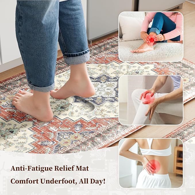 Boho Kitchen Mats for Floor 2 Piece Set Anti Fatigue Cushioned PVC Kitchen Rugs Non Slip Waterproof Farmhouse Mats 2/5 Inch Comfort Standing Mat for Sink, Laundry, 17.3"x47"+17.3"x28", Taupe Red