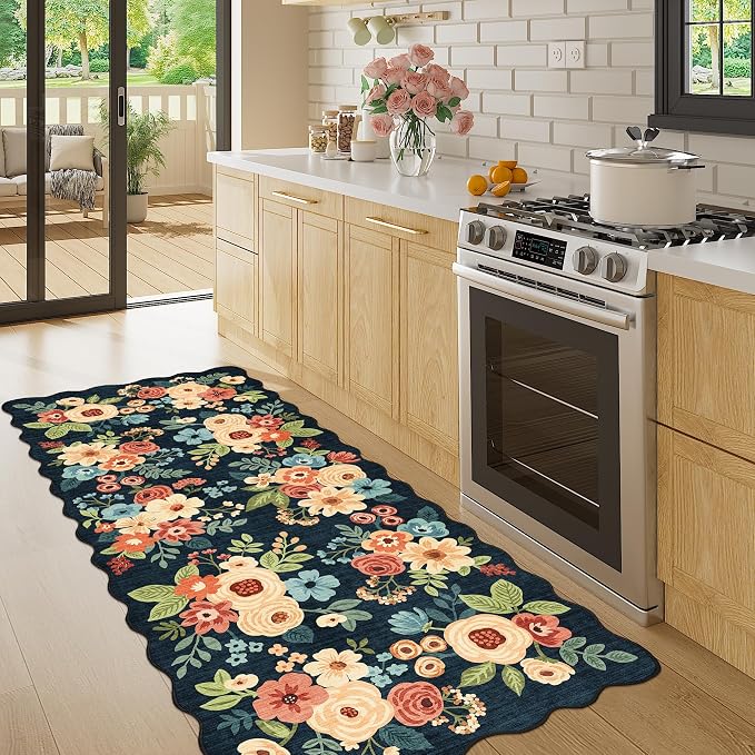 DUKINO 2x5 Washable Runner Rugs, Non Slip Floral Print Entryway Rug with Soft Low Pile, Lightweight Mat for Living Room, Bathroom, Bedroom, Kitchen, Navy Blue