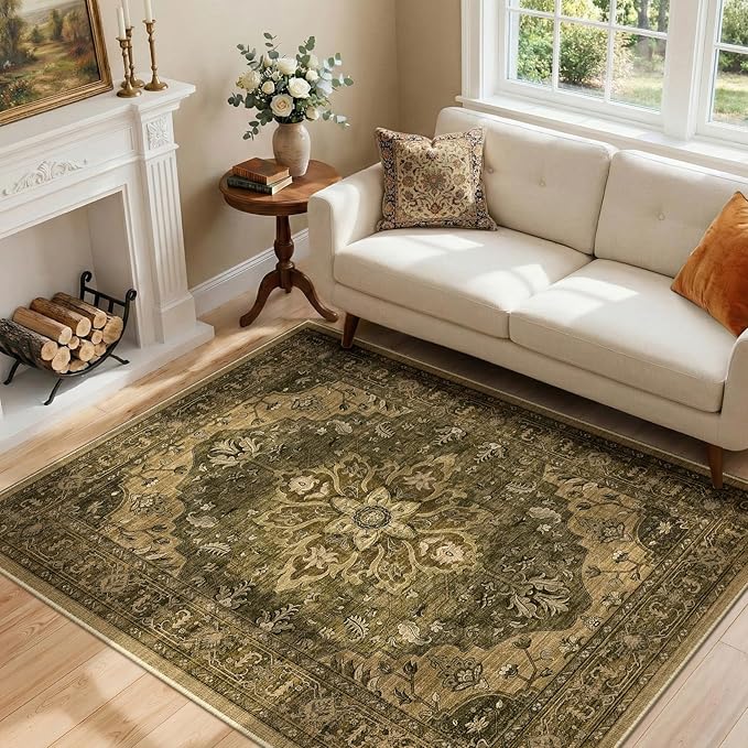 RELEANY Area Rugs 4'x6' Washable Non-Slip, Floral Vintage Distress Medallion Carpet for Living Room Bedroom Dining Room, Brown Dark Brown