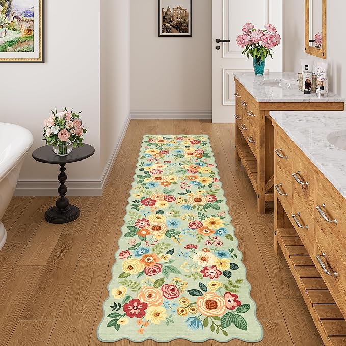 DUKINO Washable Runner Rug, 2x7 Lightweight Soft Floral Hallway Rug Runner with Low Pile Design, Non Shedding & Non Slip Backing Thin Indoor Carpet for Bedroom, Bathroom, Entrance, Kitchen, Green