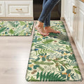 Beige Green Botanical Kitchen Rugs Set of 2 Plant Leaf Anti-Fatigue Kitchen Mat Natural Comfort Standing Waterproof PVC Mats 2/5" Thick Leather Carpet for Laundry Office Sink(17.3" x28" + 17.3" x 47")