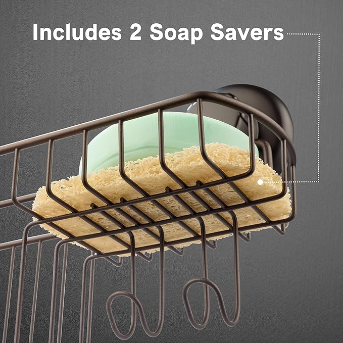 HASKO 2 Pack Shower Caddy Suction Cup with Hooks & Soap holder, Includes 2 Soap Savers, Shower Shelf, Bathroom Storage Organizer, Rustproof Shampoo Holder, Bronze