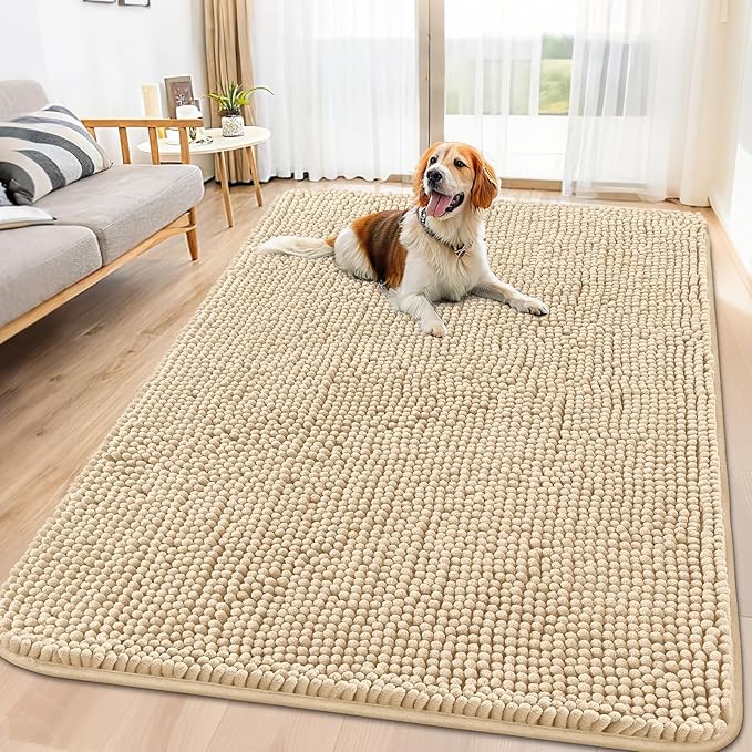 Smiry Dog Door Mat for Muddy Paws 70x32, Absorbent Dirt Trapper, Non-Slip Washable Chenille Entryway Rug for Inside Floor, Beige, Classic Solid