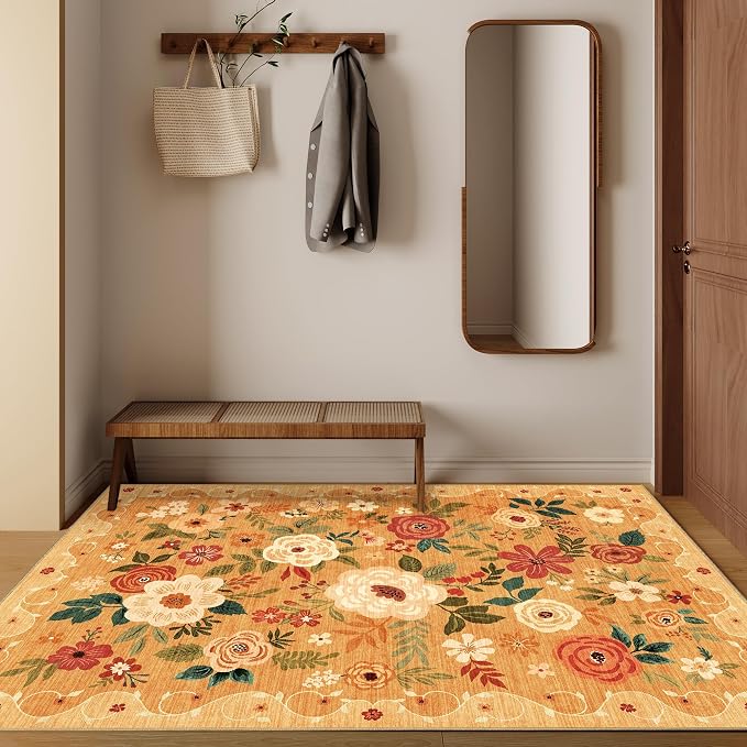 DUKINO 4x6 Area Rug, Lightweight Non Slip Washable Floral Rug, Indoor Low Pile & Non-Shedding Boho Design Rugs for Bedroom, Living Room, Dining Room, Orange
