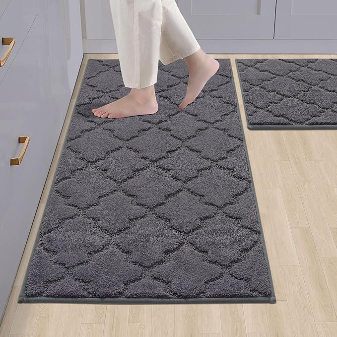 COSY HOMEER Soft Kitchen Rugs [2 PCS] for in Front of Sink Super Absorbent Kitchen Floor Mats and Mats 20x30 Inch/20X48 Non-Skid Kitchen Mat Standing Mat Washable,Polyester,Dark Grey