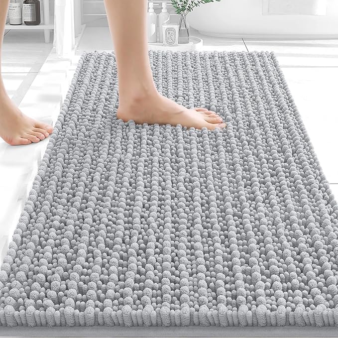OLANLY Bathroom Rug Mat 34x21, Thick Soft and Absorbent Chenille Bath Mat, Non-Slip Rubber Backing, Machine Washable Quick Dry Bath Rugs for Tub Shower Floor, Home Decor Accessories, Light Grey