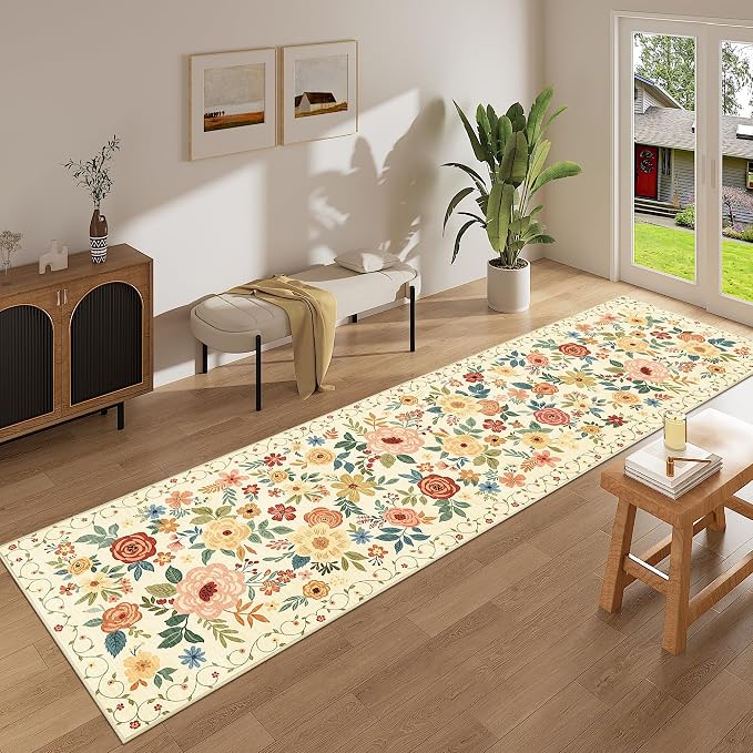 DUKINO Runner Rug for Hallway, 2.6x10 Washable Floral Long Kitchen Rug with Non Slip Backing, Lightweight & Stain Resistant Runners for Indoor Entrance, Laundry, Living Room, Bedroom, Beige Yellow