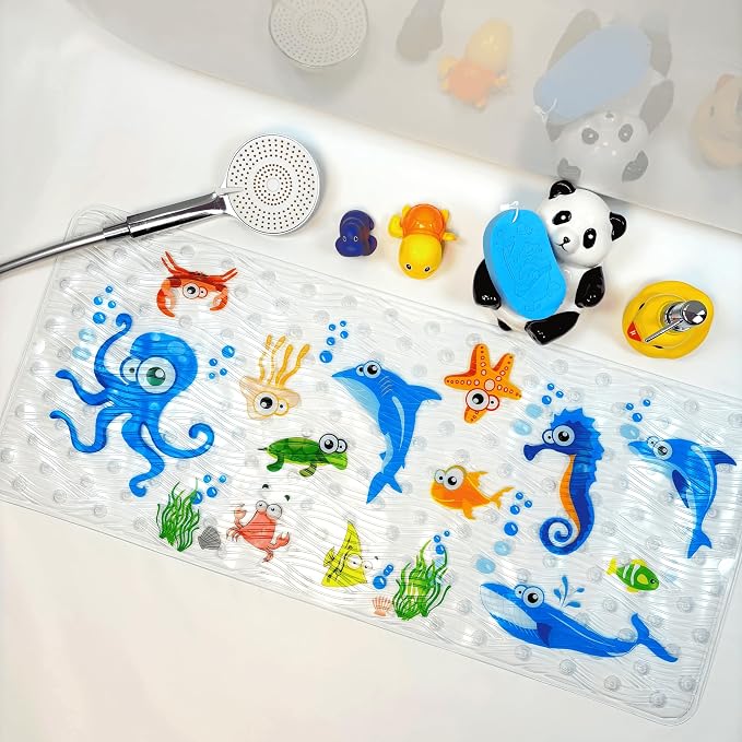 BEEHOMEE Bath Mats for Tub Kids,Baby Toddler - Large Cartoon Non-Slip Bathroom Bathtub Anti-Slip Shower Mats for Floor 35x15,Machine Washable XL Size Bathroom Mats (Blue-Octopus)