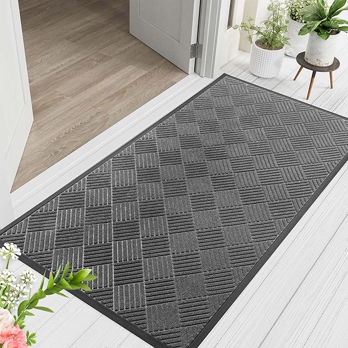 Indoor Outdoor Door Mat, 4’x 3' Doormat for Entryway, Rubber Backing Non Slip Front Door Mat Outside Entrance, Super Absorbent Commercial Floor Mat for Home Office, Gray