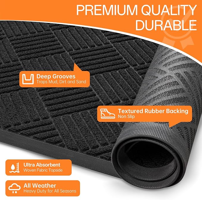 Indoor Outdoor Door Mat, 6’x 4' Doormat for Entryway, Rubber Backing Non Slip Front Door Mat Outside Entrance, Super Absorbent Commercial Floor Mat for Home Office, Black