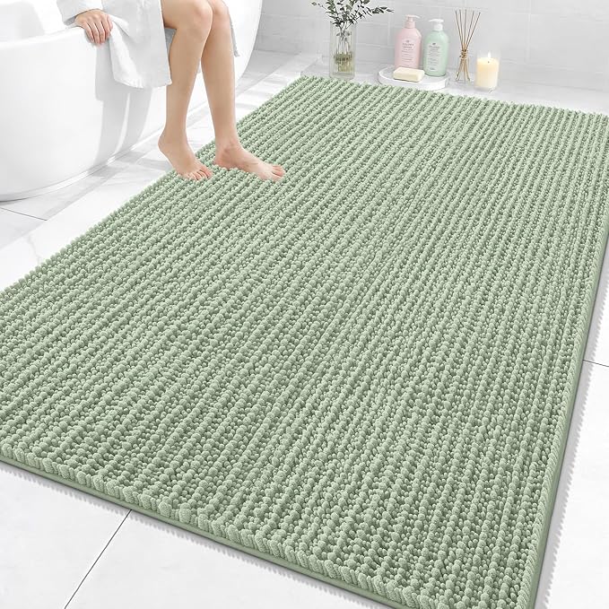 OLANLY Bathroom Rug Mat 70x46, Thick Soft and Absorbent Chenille Bath Mat, Non-Slip Rubber Backing, Machine Washable Quick Dry Bath Rugs for Tub Shower Floor, Home Decor Accessories, Sage Green