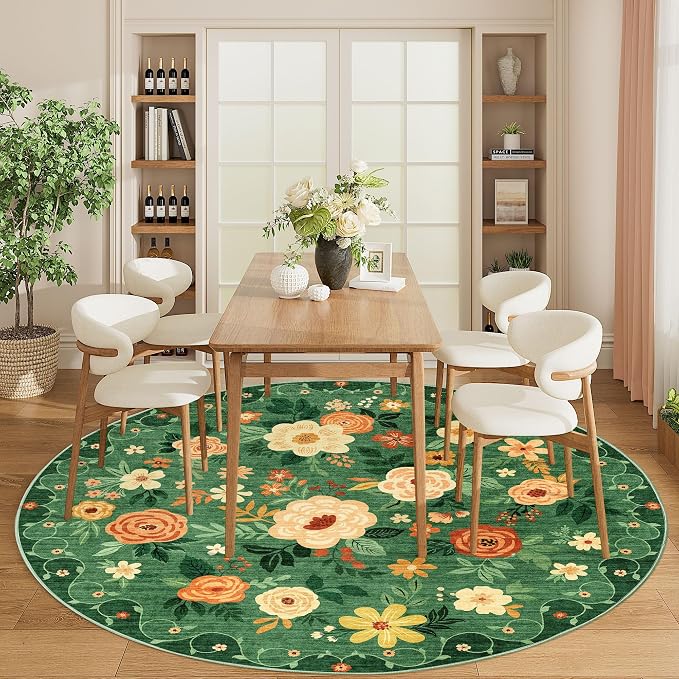 DUKINO Floral Round Rug, 6ft Washable Circle Rug, Non Slip Indoor Low Pile Circle Rug, Soft Small Boho Design Carpet for Bedroom, Entryway, Living Room, Dining Room, Dark Green