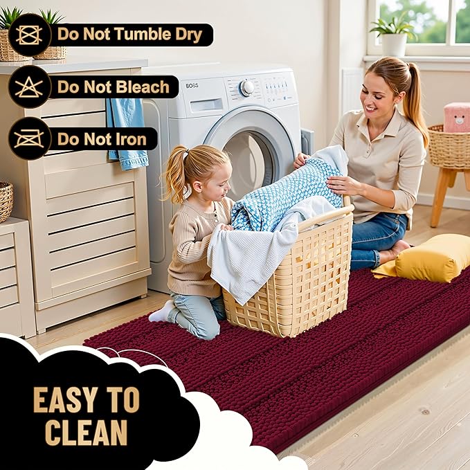 OLANLY Thick Bathroom Runner Rugs 44x24, Extra Absorbent Chenille Striped Bath Rugs, Rubber Backing, Machine Wash Dry, Long Bath Mats for Bathroom, Tub and Shower, Home Decor Accessories, Burgundy