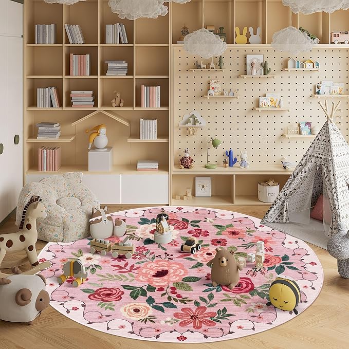 DUKINO Floral Round Rug, 6ft Washable Circle Rug, Non Slip Indoor Low Pile Circle Rug, Soft Small Boho Design Carpet for Bedroom, Entryway, Living Room, Dining Room, Pink