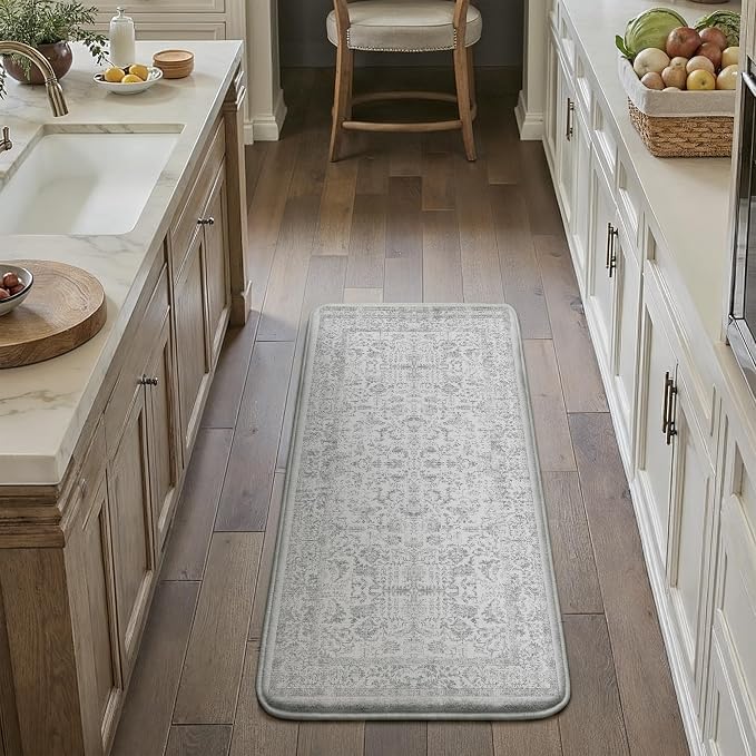 PureCozy Kitchen Mats 2PCS Anti Fatigue Cushioned Mat Gray Vintage Kitchen Mats for Floor Waterproof Non Slip Comfort Standing Grey Retro Floral Rug for Sink Laundry Office 17.3"x47"+17.3"x30"