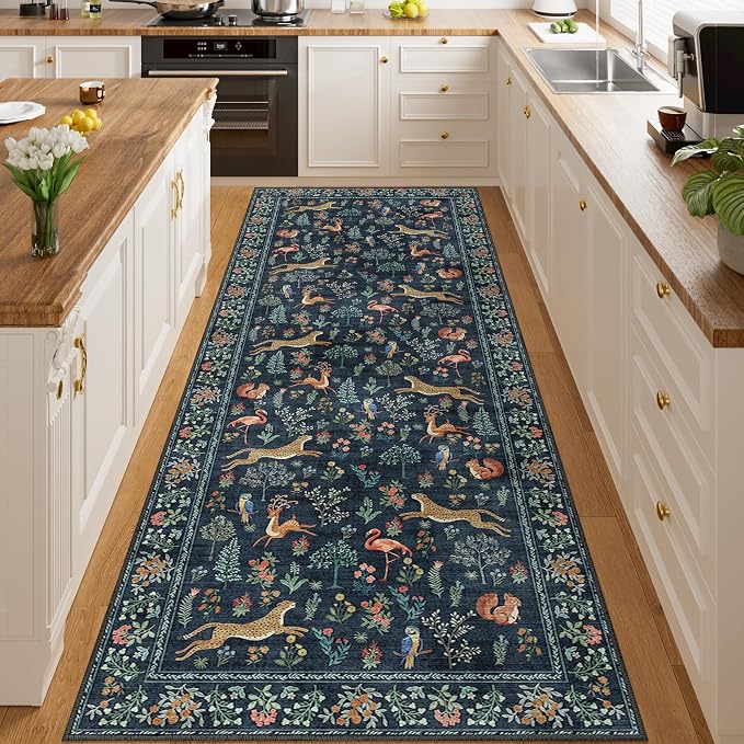 DUKINO 3x8 Washable Runner Rug, Low Pile Animal Print Non Slip Long Runner Rug for Kitchen, Lightweight & Non Shedding Indoor Carpet for Hallway, Kitchen, Entryway, Bathroom, Laundry, Navy Blue