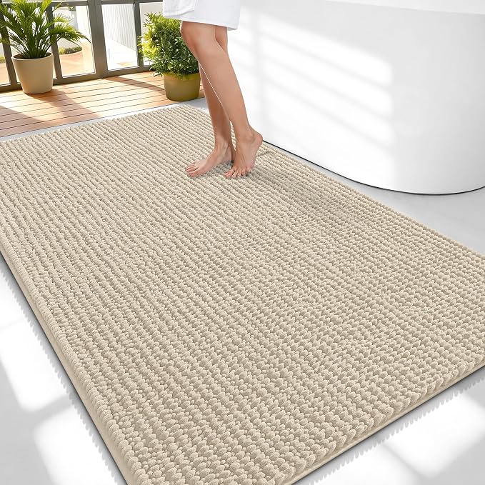 OLANLY Thick Large Bathroom Rugs 59x35, Extra Soft Absorbent Chenille Bath Rugs, Rubber Backing, Machine Wash Dry, Bath Mats for Bathroom Floor, Tub and Shower, Home Decor Accessories, Sand