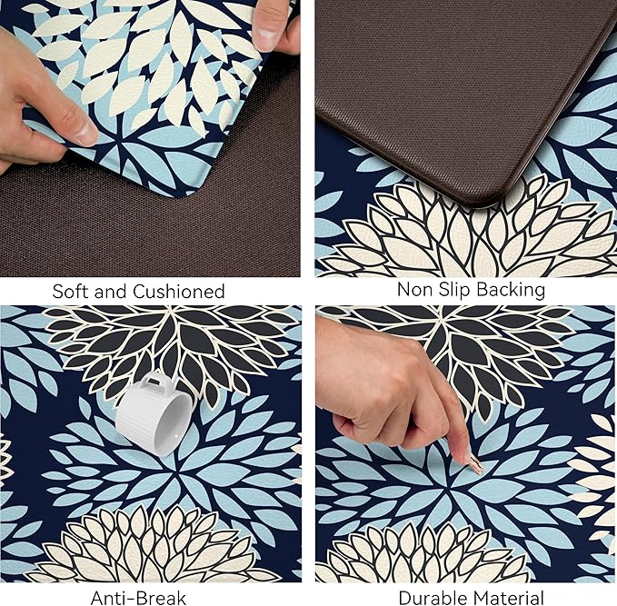 Kitchen Mats Set of 2 Cushioned Anti Fatigue Kitchen Rugs Non Slip Waterproof Runner Memory Foam Kitchen Floor Mat Comfort Standing Mat for Sink, Office, Laundry, Navy Blue