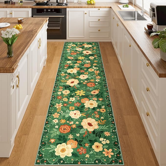 DUKINO 2x8 Runner Rug for Hallway, Washable Kitchen Runner Rug with Rubber Backing Non Slip, Low Pile Soft Boho Floral Thin Carpet for Entryway, Hallway, Bathroom, Laundry Room, Dark Green