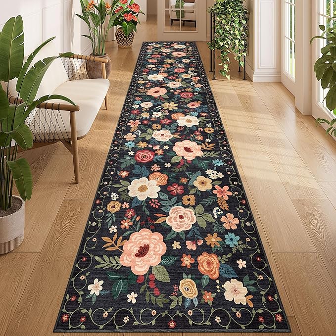 DUKINO 2.6x12 Kitchen Runner Rug, Lightweight Floral Washable Rug for Hallway, Boho Low Pile & Non Slip Backing Soft Floor Carpet for Entryway, Bedroom, Bathroom, Laundry, Black
