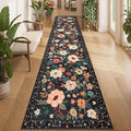 DUKINO 2.6x12 Kitchen Runner Rug, Lightweight Floral Washable Rug for Hallway, Boho Low Pile & Non Slip Backing Soft Floor Carpet for Entryway, Bedroom, Bathroom, Laundry, Black