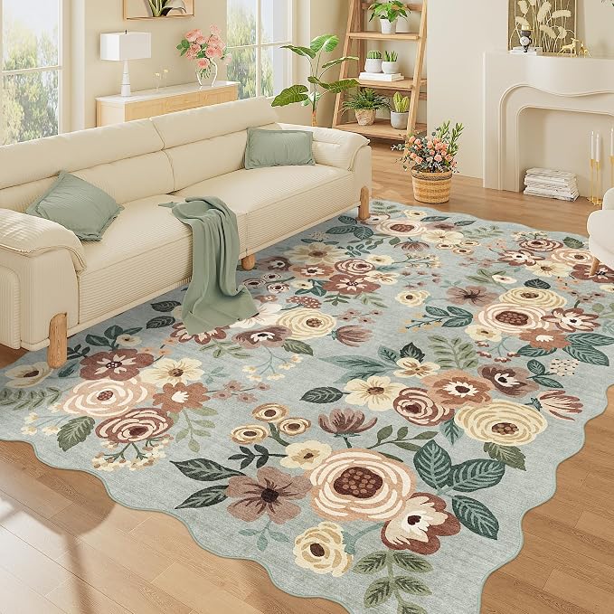 DUKINO 6x9 Area Rug, Floral Washable Rugs for Living Room with Non Slip Backing & Non-Shedding, Lightwight Low Pile Boho Design Large Carpets for Bedroom, Living Room, Dining Room, Sage Green