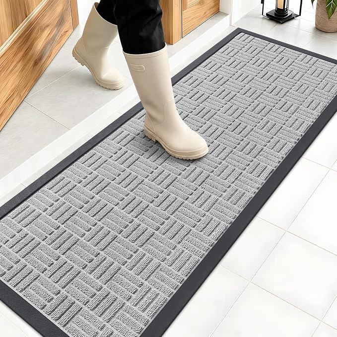 OLANLY Front Door Mat Outside Entrance 47x17, Absorbent, Heavy Duty Sturdy Natural Rubber Doormat Indoor Outdoor, Non-Slip, Stain and Fade Resistant, Low Profile Floor Mat for Entryway, Light Gray
