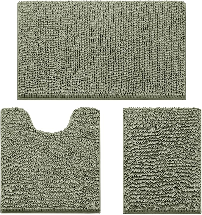 HOMEIDEAS 3 Pieces Bathroom Rugs, Ultra Soft Non Slip Absorbent Chenille Toilet Bath Mat Set (Sage Green)