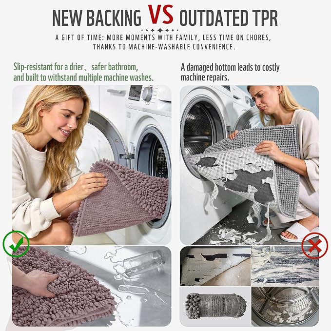 Yimobra Bathroom Rugs Non Slip Washable 32x20 Inch - Ultra Soft Absorbent Chenille Bath Mat, Quick Dry Shaggy Floor Carpet for Tub Shower, Mauve Home Decor Accessories