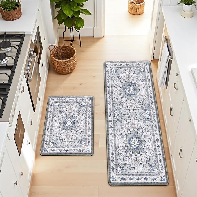 Boho Kitchen Mats for Floor 2 Piece Set Anti Fatigue Cushioned PVC Kitchen Rugs Non Slip Waterproof Farmhouse Mats 2/5 Inch Comfort Standing Mat for Sink, Laundry, 17.3"x59"+17.3"x28", Blue Grey