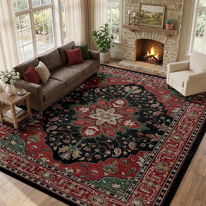 RELEANY Area Rugs Large 10'x14' Washable Non-Slip, Floral Vintage Distress Medallion Carpet for Living Room Bedroom Dining Room, Red Black