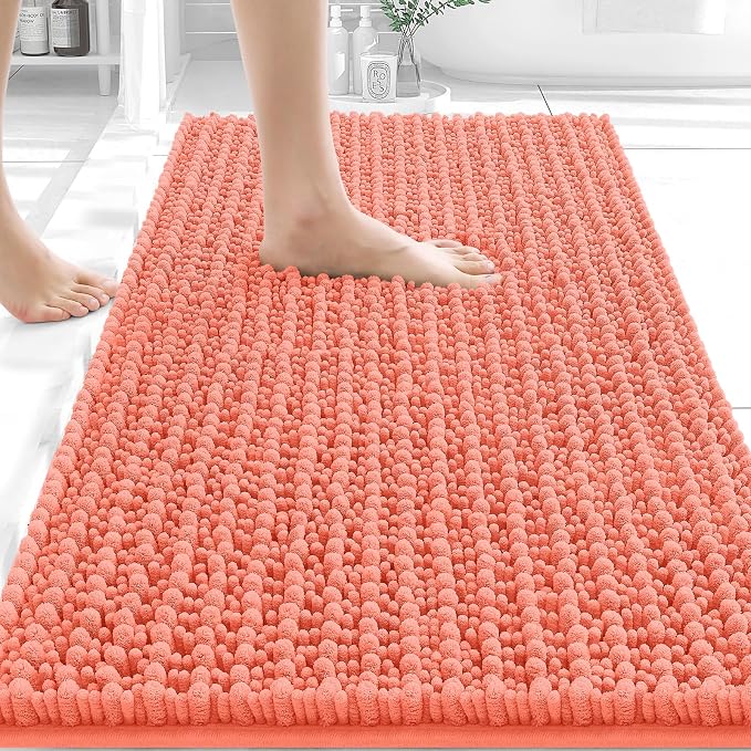 OLANLY Bathroom Rug Mat 30x20, Thick Soft and Absorbent Chenille Bath Mat, Non-Slip Rubber Backing, Machine Washable Quick Dry Bath Rugs for Tub Shower Floor, Home Decor Accessories, Coral
