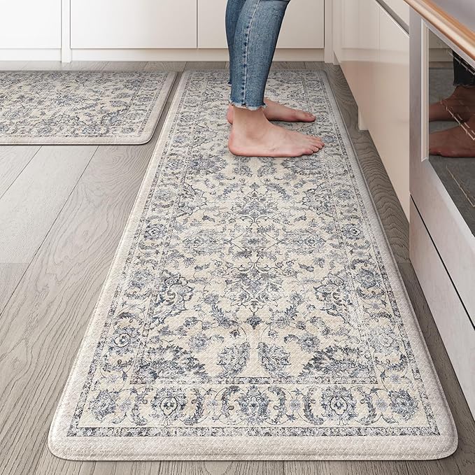 KIMODE Kitchen Anti Fatigue Mat,Ergonomic Standing Kitchen Rugs Sets of 2,Boho Kitchen Rug Stain Resistant,Non Slip Waterproof Kitchen Sink Rug,Blue 20"x47"+20"x32"