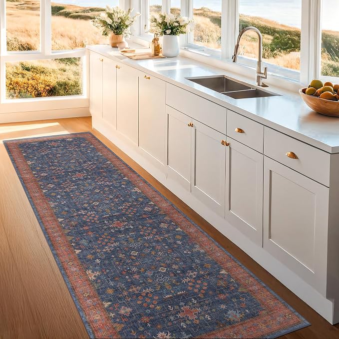 Washable 12 ft Long Runner for Hallway - Navy Blue Kitchen Floor Runner Rug, Pet Friendly Vintage Non Slip with Rubber Backing, Stain Resistant Laundry Room Rug (3x12 Navy Blue & Terracotta)