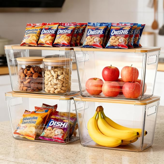 2 Pack Clear Storage Bins with Bamboo Lid, Garbage Bag Dispenser, Pantry Organizers and Storage for Onion Potato, Under Sink Organizer for Kitchen Laundry Room