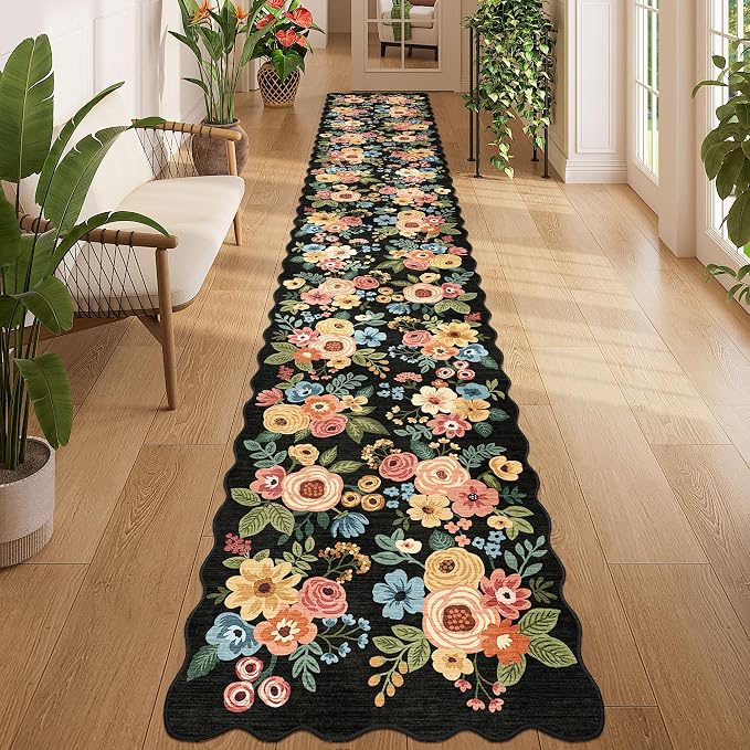 DUKINO 2x12 Runner Rug for Hallway, Soft Floral Washable Kitchen Runner Rug with Non Slip Backing, Lightweight & Low Pile Extra Long Carpet for Entryway, Laundry Room, Entrance, Bedroom, Black