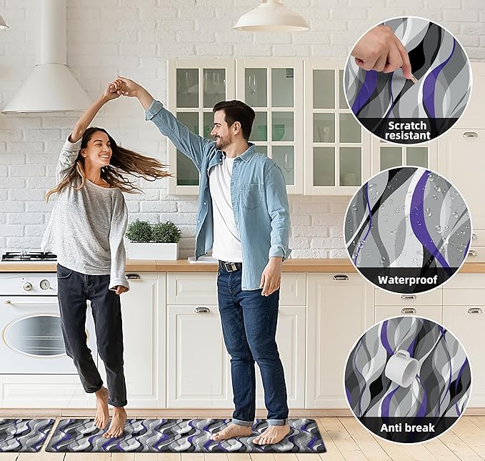 Kitchen Mats for Floor Modern Abstract kitchen rugs Grey and Purple Stripe Anti Fatigue Kitchen Mats Waterproof Floor Mats Cushioned Non-Skid Standing Mats for Kitchen, Set of 2,17.3 x 28+17.3 x 47