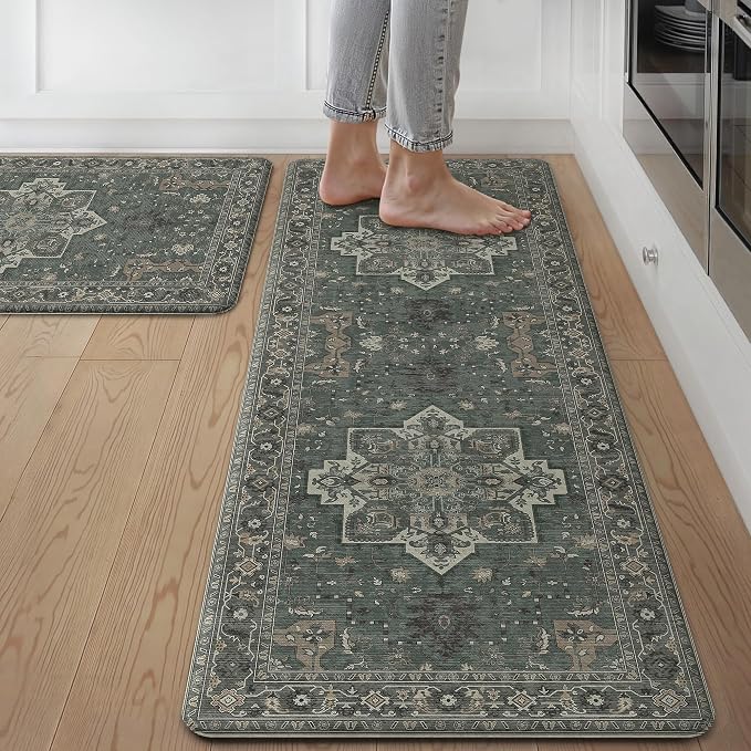 GENIMO Kitchen Mats for Floor 2PCs, Washable Anti Fatigue Mat for Cushioned, 17.3"x47"+17.3"x30", Waterproof Kitchen Rugs, Non Slip Comfort Standing Mat Rug for Home, Sink, Laundry, Forest Green