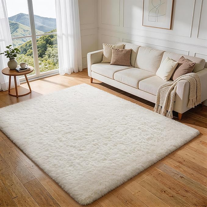 Ophanie Rugs for Living Room, Upgrade Non-Slip Fluffy Soft 5x8 Area Rug, Shag Large Fuzzy Plush Carpets for Bedroom Ivory, Shaggy Kids Boys Girls Dorm Nursery Home Decor Aesthetic