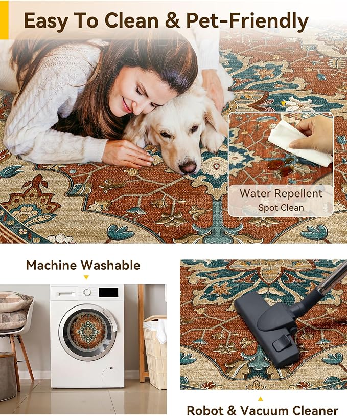 RELEANY Area Rugs Round 7ft Washable Non-Slip, Floral Vintage Distress Medallion Carpet for Living Room Bedroom Dining Room, Red Orange Blue Brown