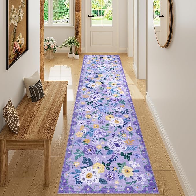 DUKINO 2x8 Runner Rug for Hallway, Washable Kitchen Runner Rug with Rubber Backing Non Slip, Low Pile Soft Boho Floral Thin Carpet for Entryway, Hallway, Bathroom, Laundry Room, Purple