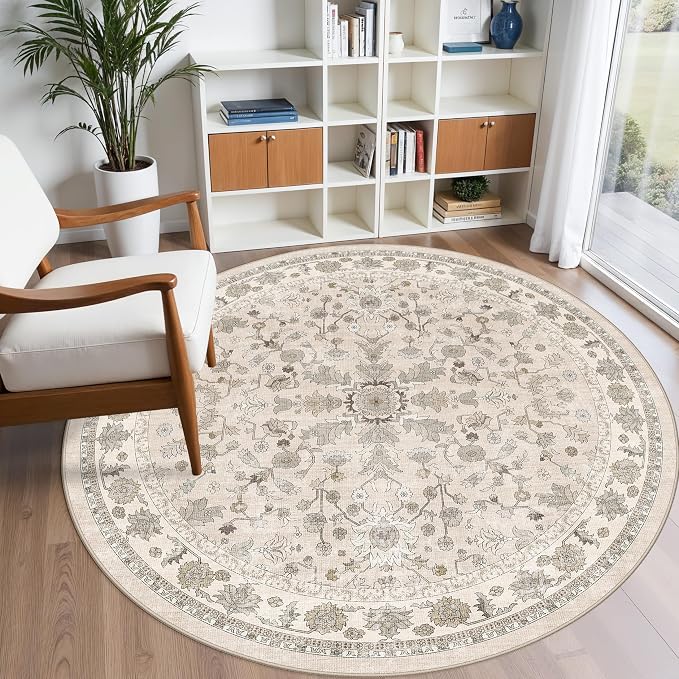 Round Kitchen Rugs 6ft Washable: Non-Slip Soft Low Pile Circle Area Rug for Under Table Living Room Dining Room Bedroom – Boho Floral Circular Floor Indoor Carpet (Beige,6x6)