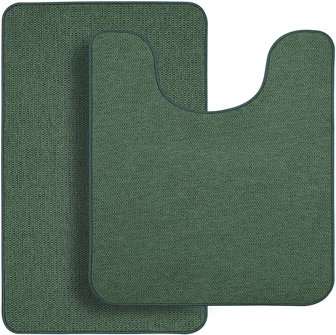Bosap Bathroom Rugs Set 2 Pieces,Thin Bathroom Mats,Toilet Rugs,Quick Dry,Non-Slip,Machine Washable,Low Pile,Absorbent Bath Mats,Shower,Sink,Home Decor Accessories.Green,1'5"x2'3"+1'8"x2" U Shape