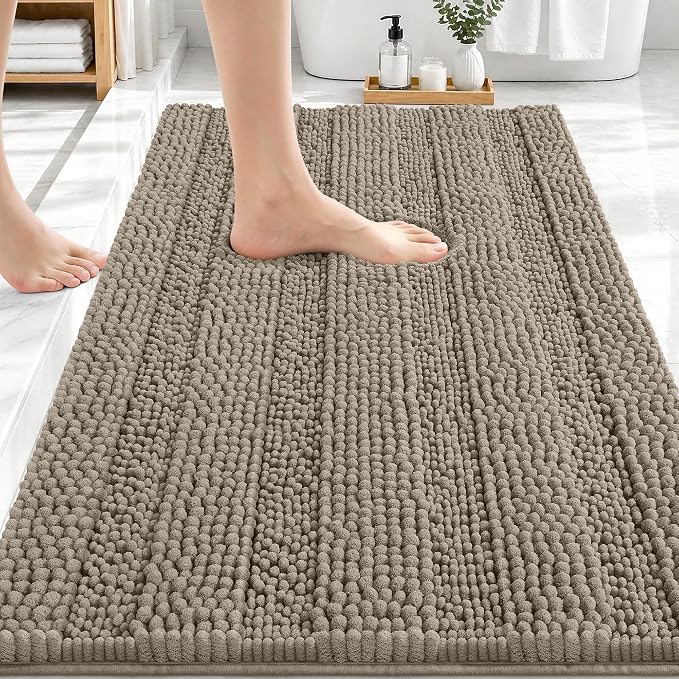 OLANLY Thick Bathroom Rugs 30x20, Extra Soft Absorbent Chenille Striped Bath Rugs, Rubber Backing, Machine Wash Dry, Bath Mats for Bathroom Floor, Tub and Shower, Home Decor Accessories, Warm Taupe