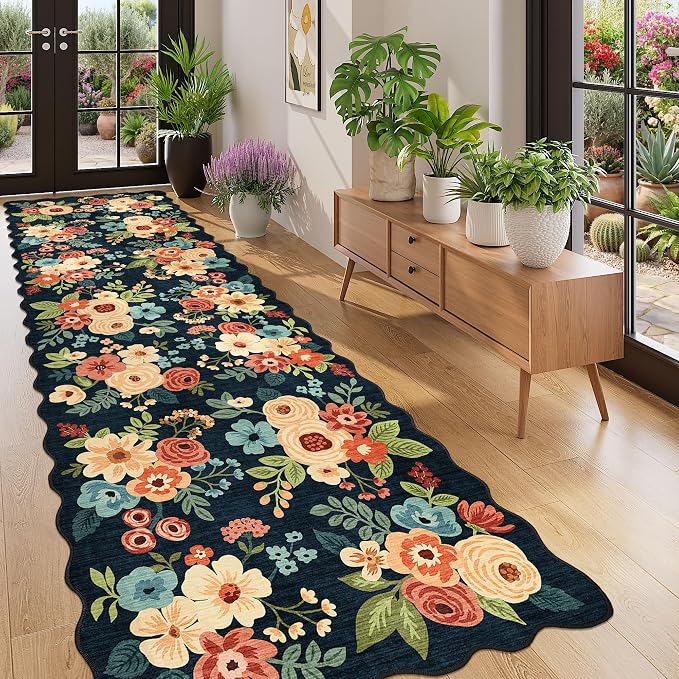 DUKINO 3x10 Washable Runner Rug, Non Slip Floral Ultra Soft Runner for Hallway, Lightweight Low Pile & Stain Resistant Long Throw Carpet for Kitchen, Bathroom, Entrance, Bedroom, Kids Room, Navy Blue