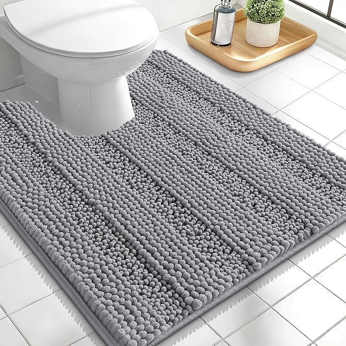 OLANLY Thick Toilet Rugs U-Shaped 24x20, Extra Soft Absorbent Chenille Striped Contour Bathroom Rugs for Toilet, Dry Quickly, Machine Washable, Non-Slip Bath Mat, Grey