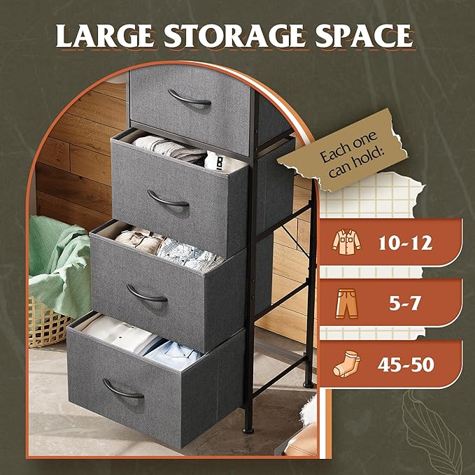 WLIVE Fabric Dresser, 5-Drawer Tall Dressers for Bedroom, Storage Dresser Organizer with Fabric Bins, Wood Top, Sturdy Steel Frame, Chest of Drawers for Closet, Hallway, Dark Grey
