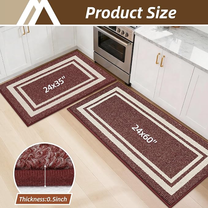 COSY HOMEER Kitchen Rugs Non-Slip 24x35/24x60 Inch Thick Polypropylene Standing Mat for Home Machine Washable, Red Frame