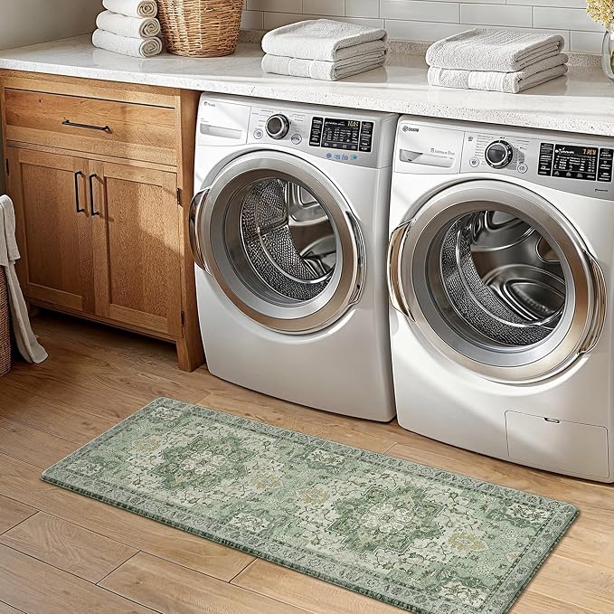 GENIMO Kitchen Mats for Floor 2PCs, Washable Anti Fatigue Mat for Cushioned, 17.3"x47"+17.3"x30", Waterproof Kitchen Rugs, Non Slip Comfort Standing Mat Rug for Home, Sink, Laundry, Light Green