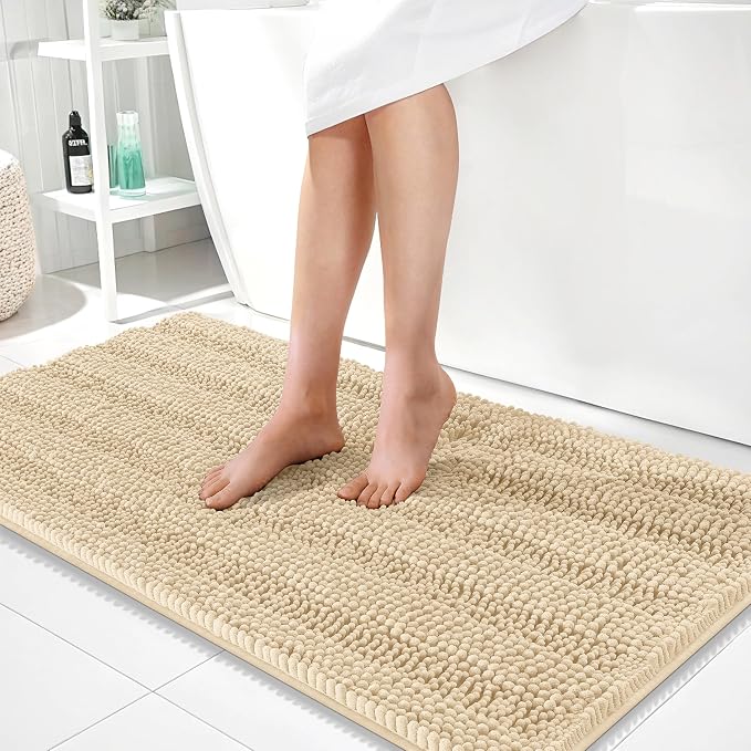 OLANLY Thick Bathroom Runner Rugs 44x24, Extra Absorbent Chenille Striped Bath Rugs, Rubber Backing, Machine Wash Dry, Long Bath Mats for Bathroom Floor, Tub and Shower, Home Decor Accessories, Beige